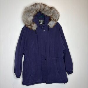VTG  Bromley Sport Parka Jacket L Blue Purple Fox Fur Trim 90s Winter Utility